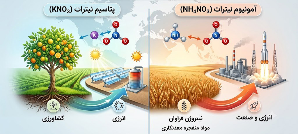 مقایسه نیترات پتاسیم (KNO₃) و نیترات آمونیوم (NH₄NO₃) در کشاورزی و انرژی